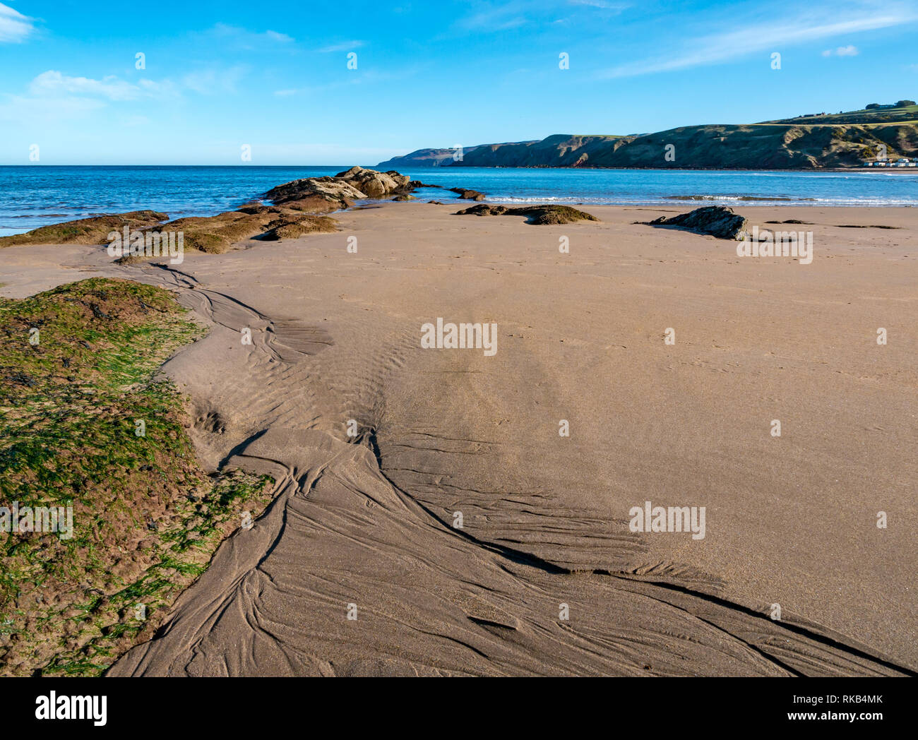 Sabbiosa spiaggia deserta, Pease Bay, Berwickshire, Scottish Borders, Scotland, Regno Unito Foto Stock