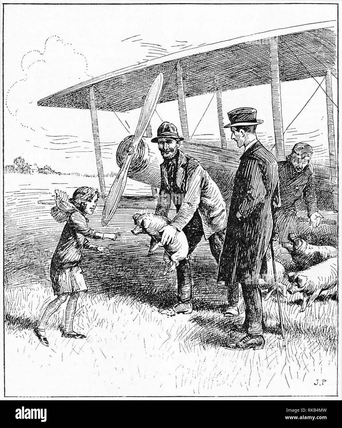 Incisione di un pilota che consegna a un maialino torna a una ragazza eccitato che esclama "urely suini hanno volato." dalla rivista Chatterbox, 1925 Foto Stock