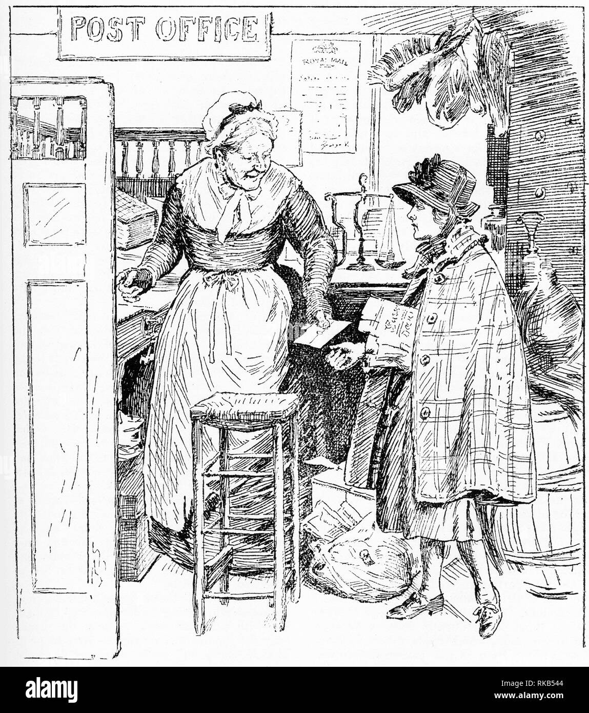 Incisione di una giovane donna a raccogliere la sua posta dall'ufficio postale. Da Chatterbox magazine, 1925 Foto Stock