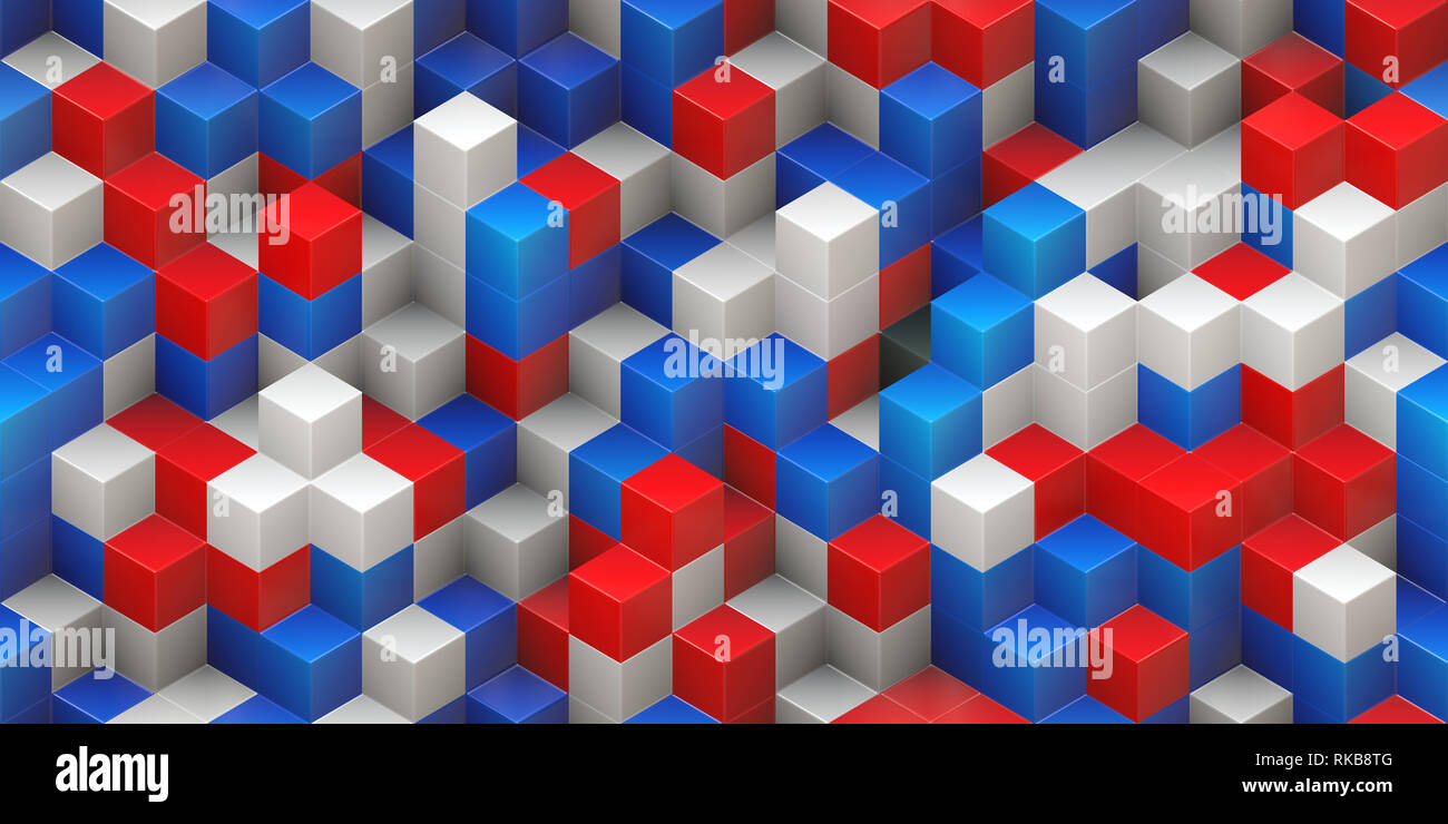 Cubi senza giunture - sfondo colorato rosso blu bianco, impilati in modo casuale la struttura - il rendering 3D Foto Stock