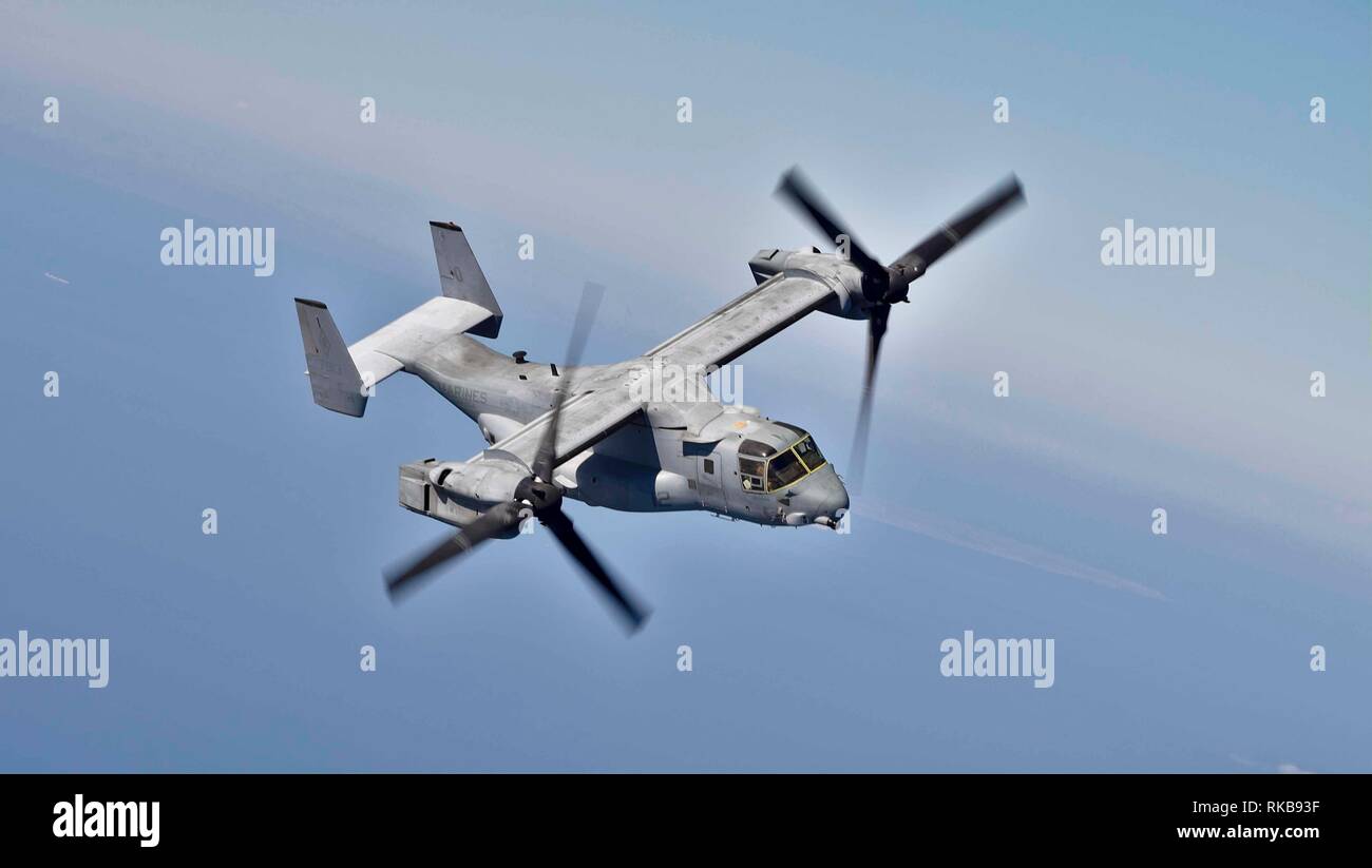 Un MV-22 Osprey con il ventiduesimo Marine Expeditionary Unit trasporta personale, posta e merci sul Mare Arabico in rotta per il Wasp-classe assalto anfibio nave USS Kearsarge (LHD-3). La Osprey, attaccato al mezzo marino Tiltrotor Squadron 264 (rinforzato), partì per la Kersarge dal Qatar. Marines e marinai con il ventiduesimo MEU e anfibio Kearsarge pronto gruppo sono distribuiti per la Quinta Flotta area di operazioni a sostegno di operazioni navali per garantire stabilità marittimo e la sicurezza nella regione centrale di collegamento del Mediterraneo e del Pacifico attraverso l'Oceano Indiano occidentale un Foto Stock