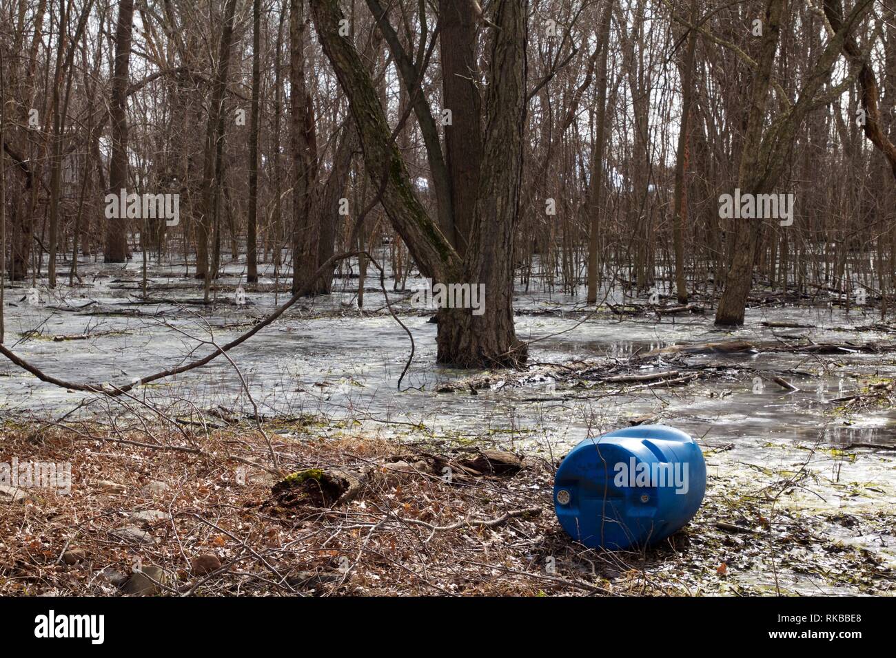 Croydon, Pennsylvania, Stati Uniti d'America - 6 Febbraio 2019: prove di dumping illegale adiacente alla confluenza del fiume Delaware e Neshaminy Creek. Foto Stock