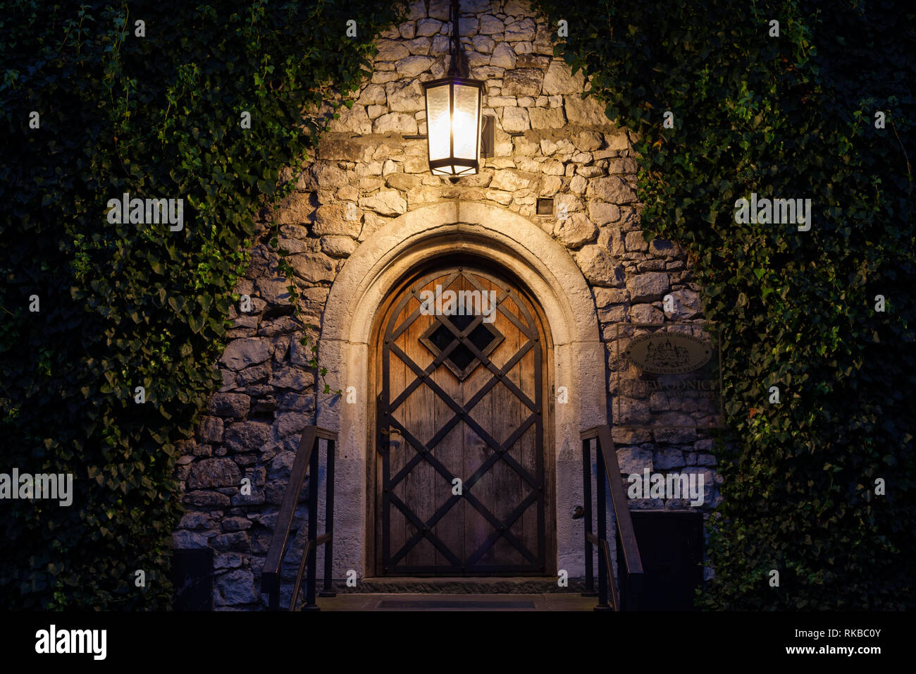 Atmosferica scena notturna, old arcuata porta in legno illuminato dalla lampada nel borgo medievale di muro di pietra con superriduttore piante nel castello di Wawel, Cracovia, entran Foto Stock