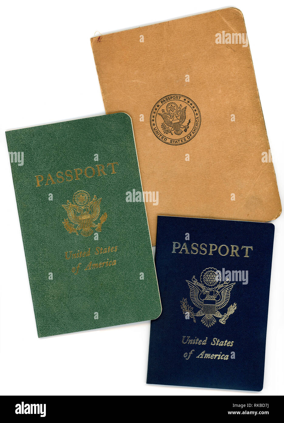 Tre esempi di Stati Uniti i passaporti rilasciati nel XX secolo. Il marrone è stata utilizzata nel 1920s Foto Stock