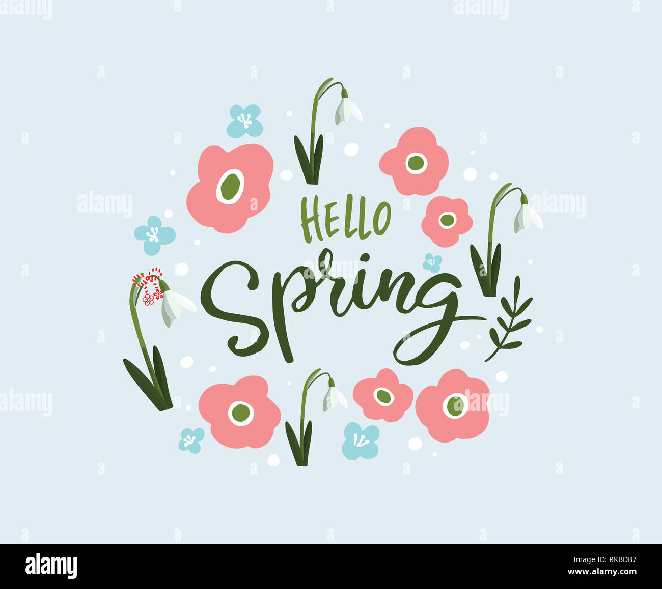 Vettore saluto floreale card con fiore di primavera. Caduta di neve e altri fiori di primavera e testo ciao molla. Molla floreali biglietto di auguri su azzurro ba Foto Stock