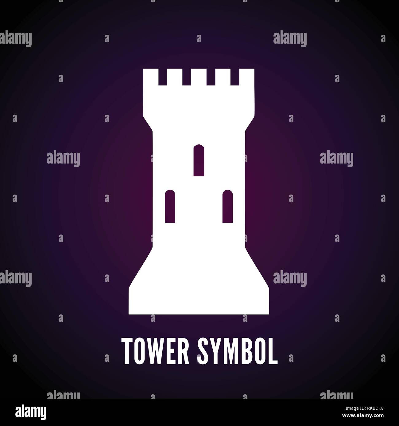 Torre di vettore di simbolo. Icona del castello su sfondo scuro. Illustrazione Vettoriale