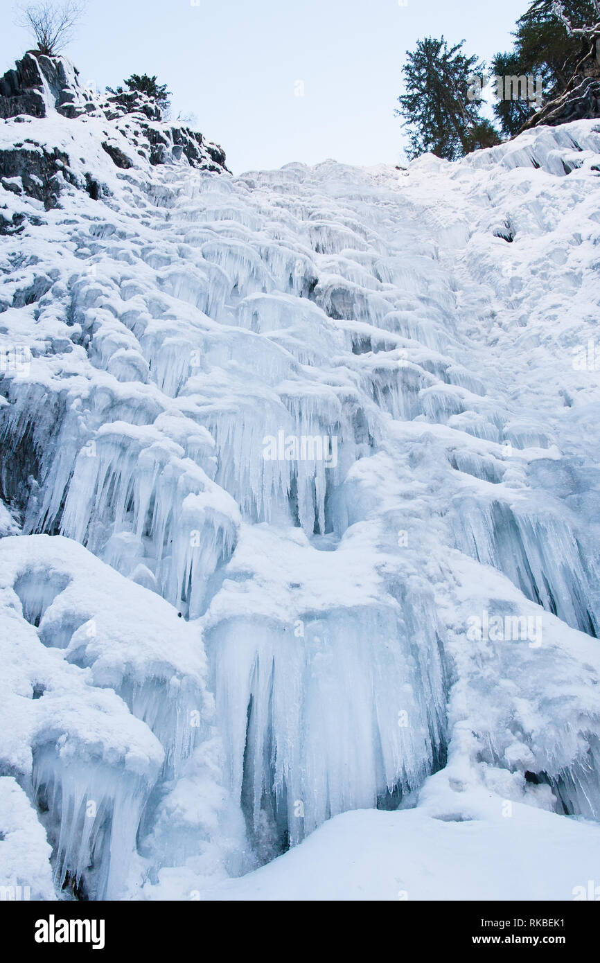 Colpo verticale della grande cascata ghiacciata con ghiaccioli, cercando fino al cielo blu chiaro e scuro di alcuni alberi. Inverno estremo arrampicata spot in Francia. Foto Stock