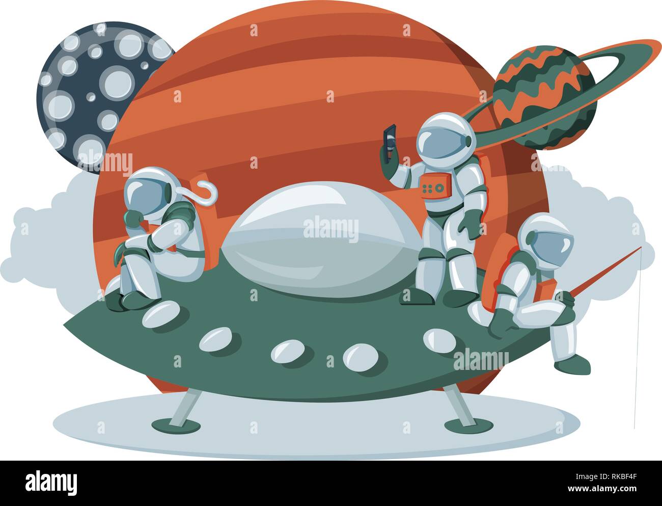 Astronauta di atterraggio su un alieno spazio Expedition nave cartoon piatto immagine del cruscotto Illustrazione Vettoriale