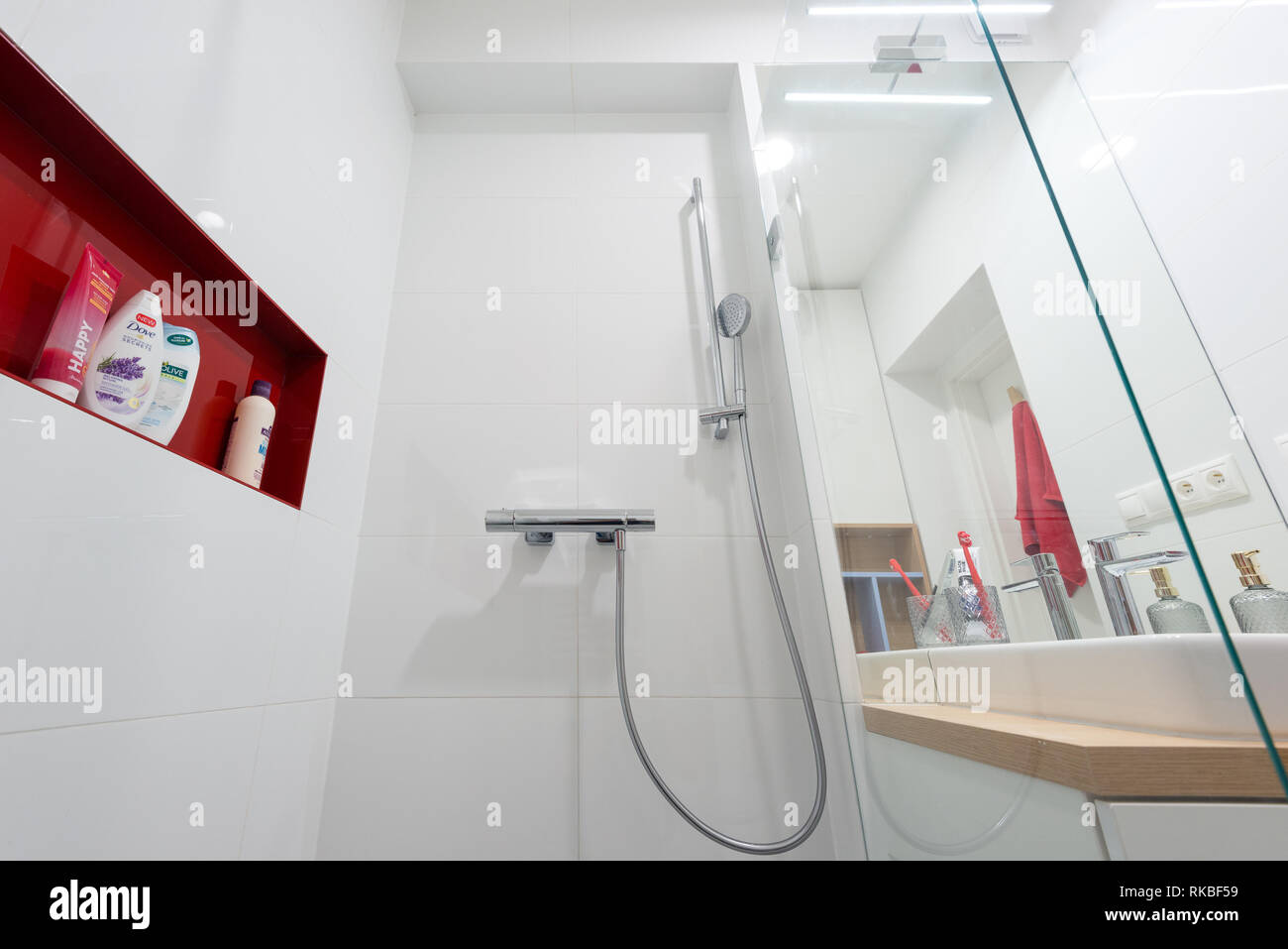 BRATISLAVA, Slovacchia - Dic 17, 2018: Bagno di piccolo appartamento progettato da giovani designer di interni da Kivvi architetti in base a Bratislava, Slova Foto Stock