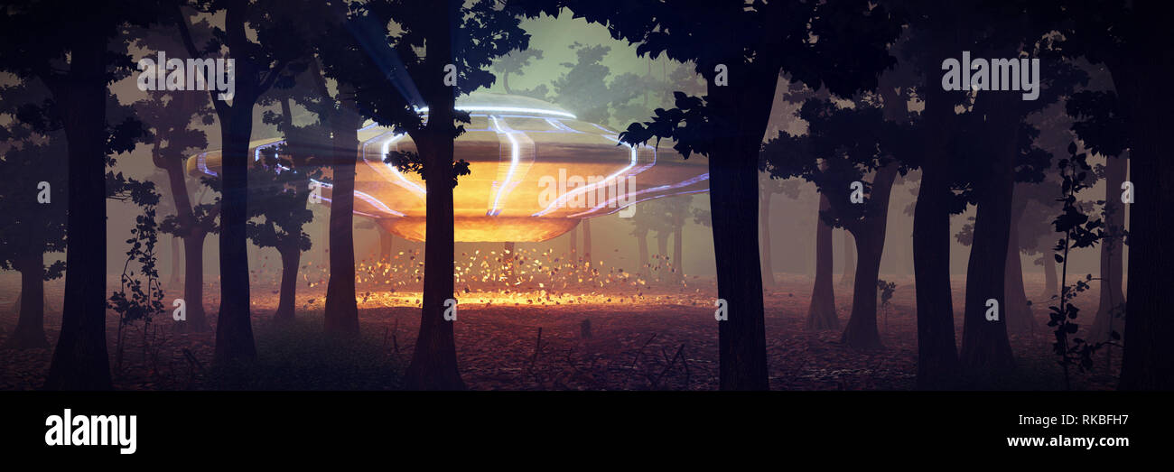 UFO sbarco nella foresta di notte, science fiction scena con astronave aliena e luci misteriose (3d'illustrazione dello spazio banner) Foto Stock