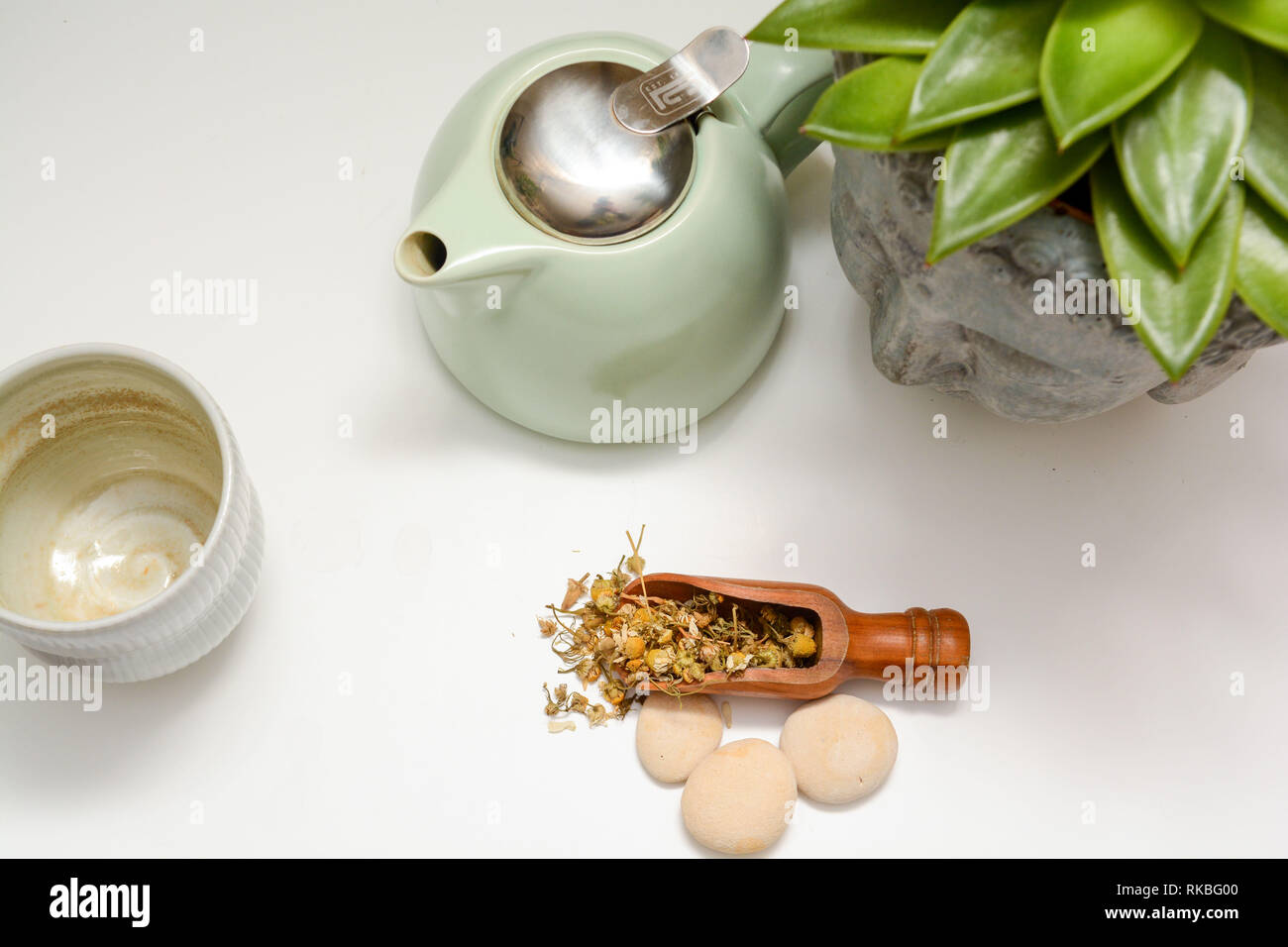 Fiori di camomilla, materie ingrediente usato per fare il tè camomilla e utilizzato in rimedi a base di erbe e medicine Foto Stock