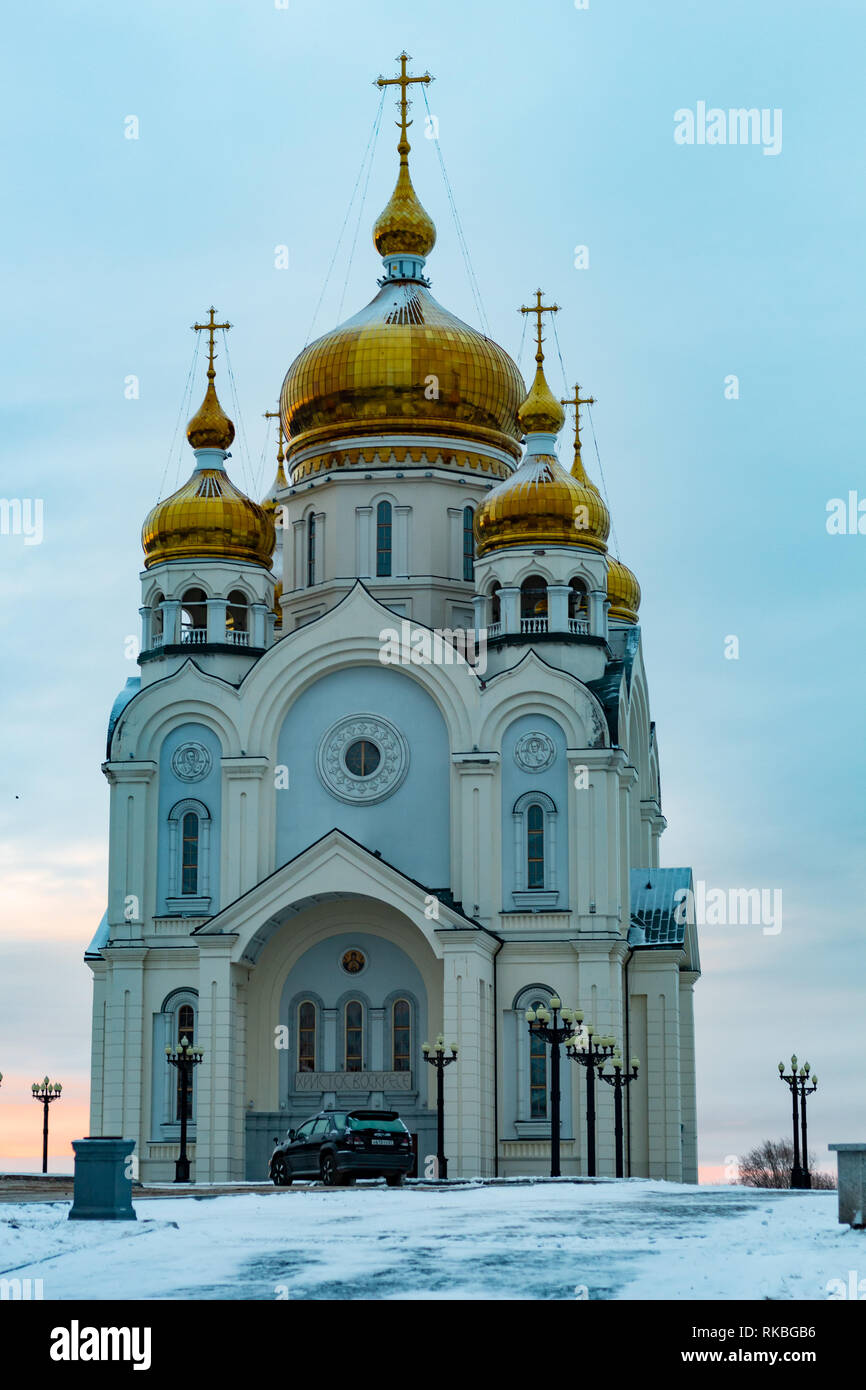 Khabarovsk, Russia - 30 DIC 2018: Spaso-Preobrazhensky cattedrale in Khabarovsk nella mattina. Foto Stock