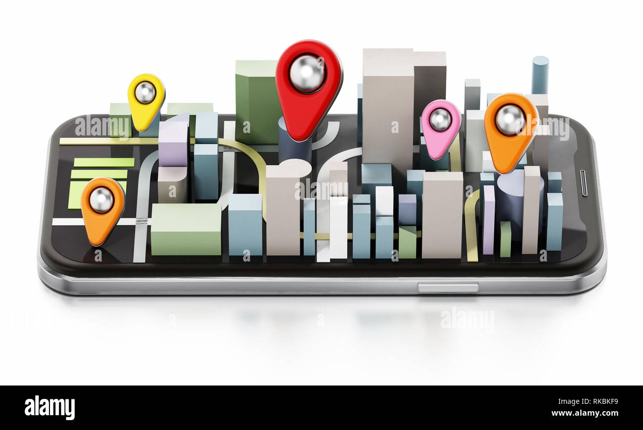 Gli edifici della città e pin colorati sullo smartphone. 3D'illustrazione. Foto Stock