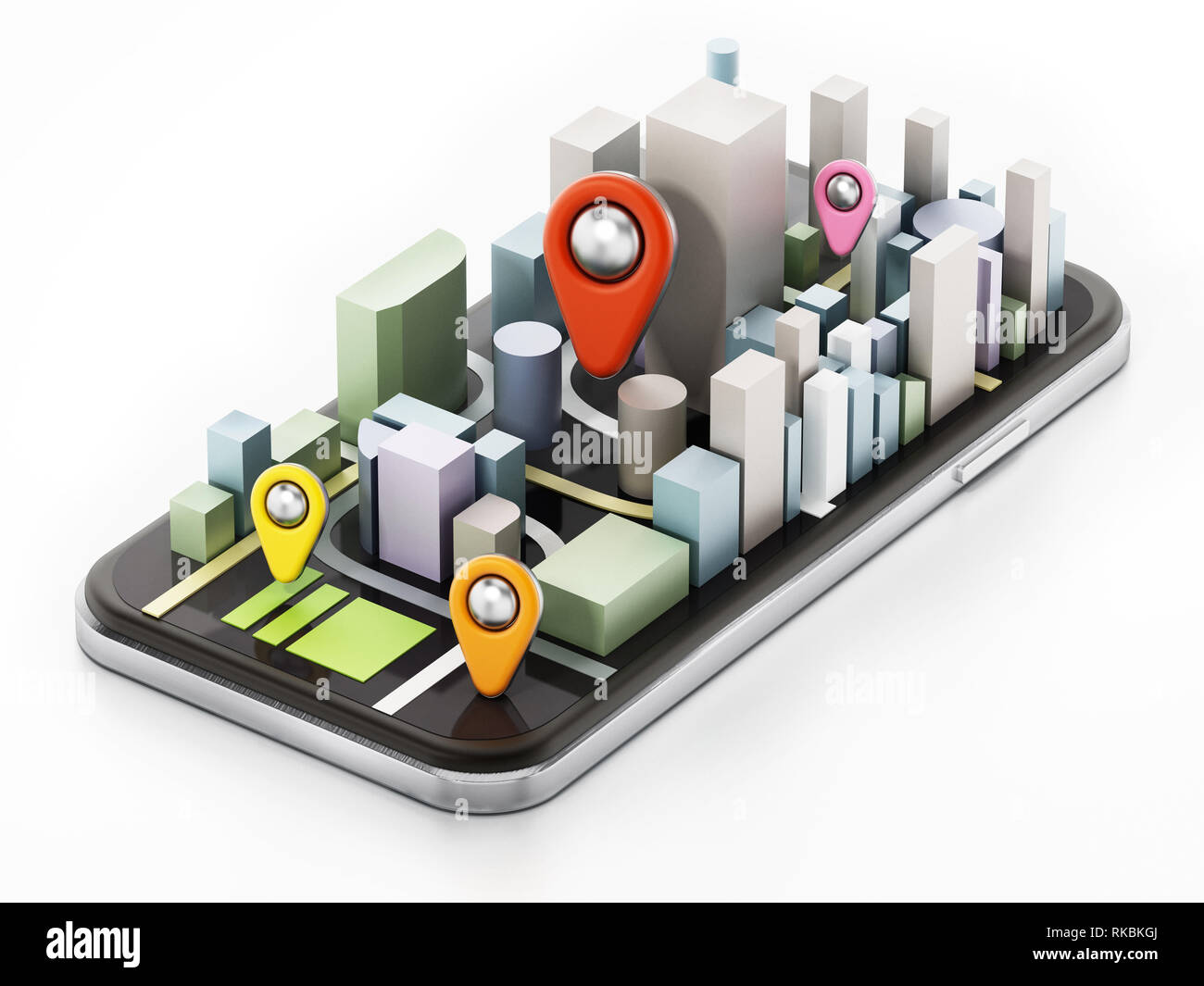 Gli edifici della città e pin colorati sullo smartphone. 3D'illustrazione. Foto Stock