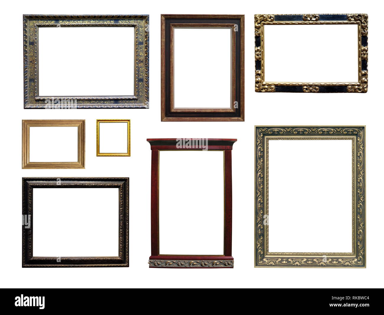 Set di arte isolate cornici vuote in oro e di colore argentato Foto Stock