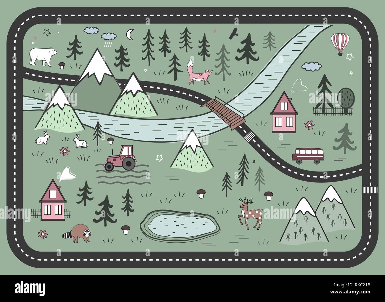 Carino Road Tappeto gioco in stile scandinavo. Il fiume di vettore, montagne e boschi Mappa di avventura con le case, legno, Campo e animali Illustrazione Vettoriale