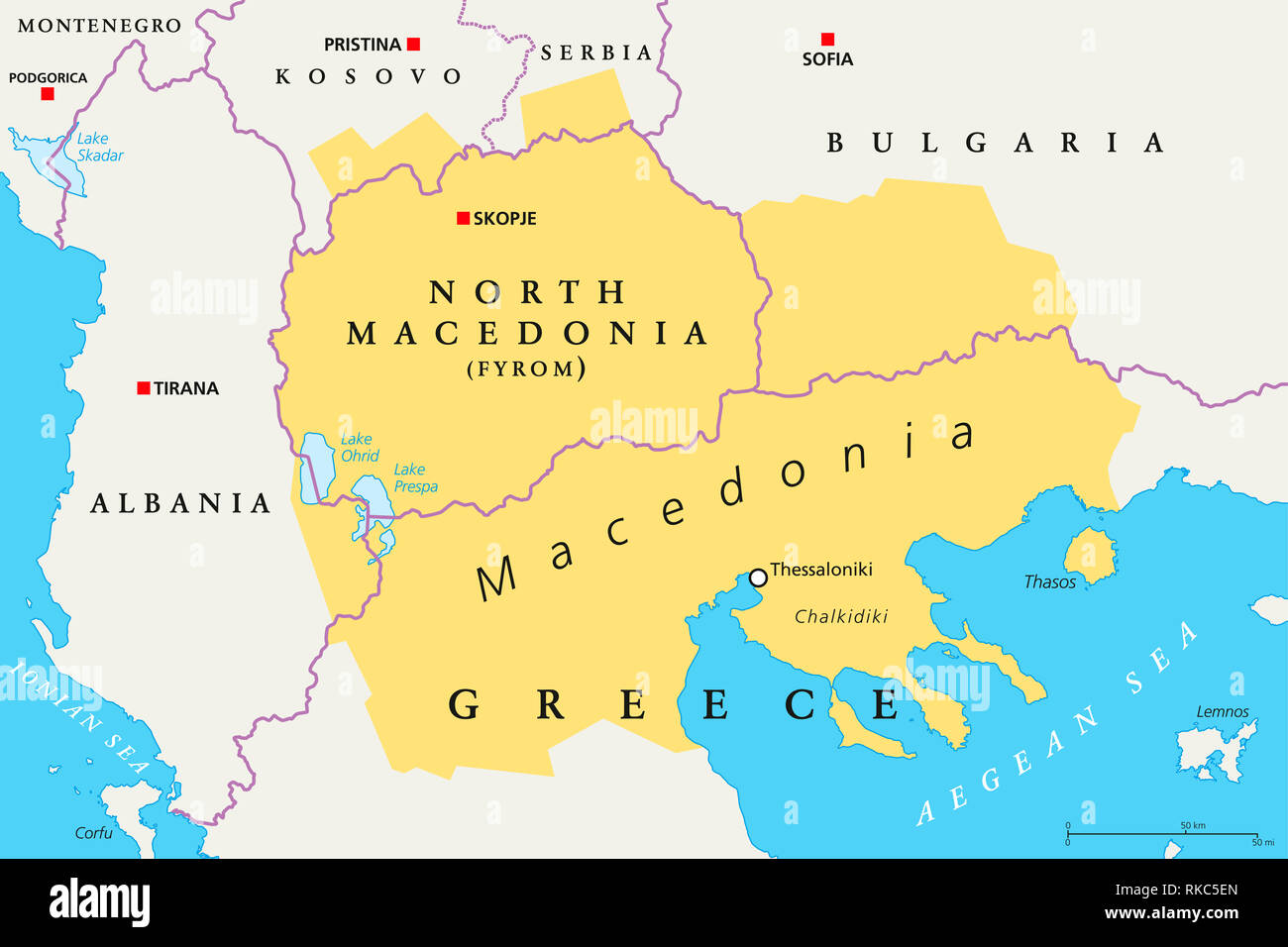 Regione della Macedonia, mappa politico. Regione della penisola balcanica in Europa sud-orientale. Parte della Grecia a nord della Macedonia, Bulgaria, Albania, Kosovo, Serbia. Foto Stock