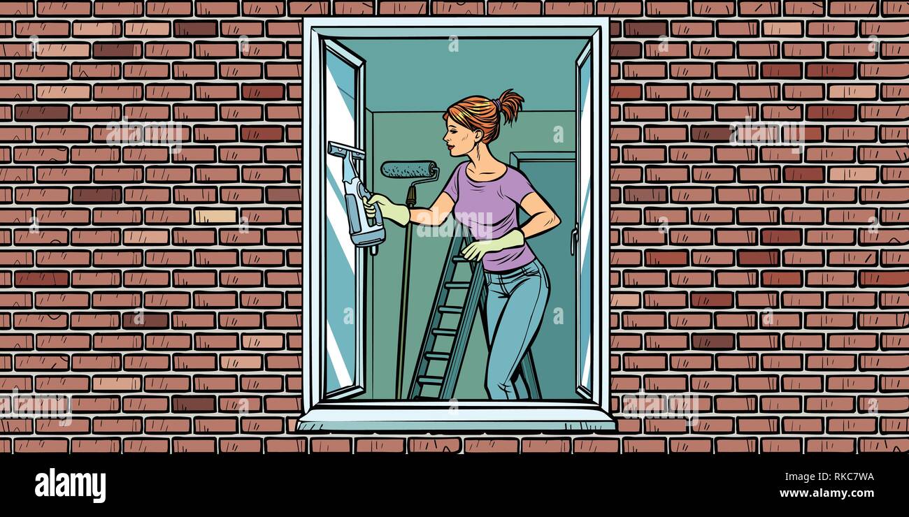 La donna lava una finestra, la pulizia della casa. Fumetto cartoon arte pop retrò illustrazione vettoriale disegno Illustrazione Vettoriale