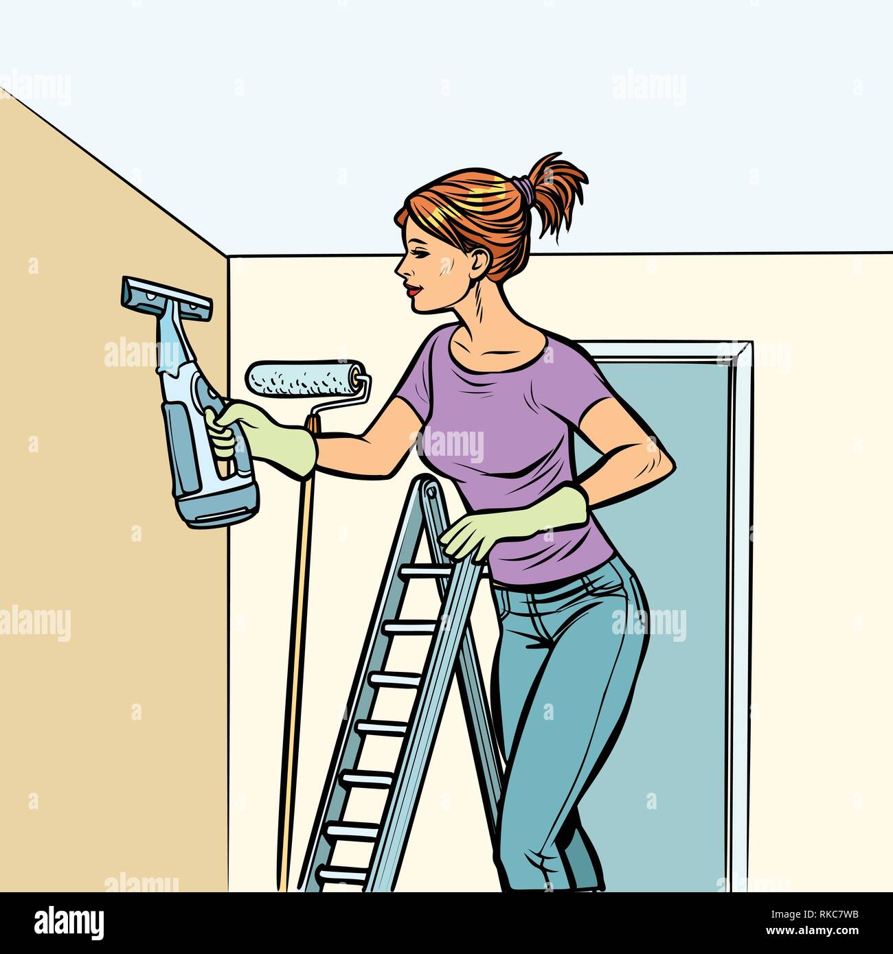 Pulizia della casa, donna e spruzzi di acqua. Fumetto cartoon arte pop retrò illustrazione vettoriale disegno Illustrazione Vettoriale