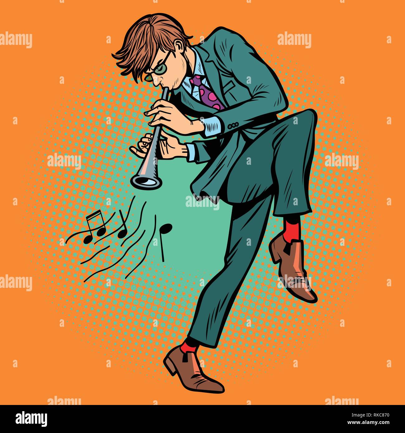 L'uomo gioca folk di strumento a fiato. Fumetto cartoon arte pop retrò illustrazione vettoriale disegno Illustrazione Vettoriale
