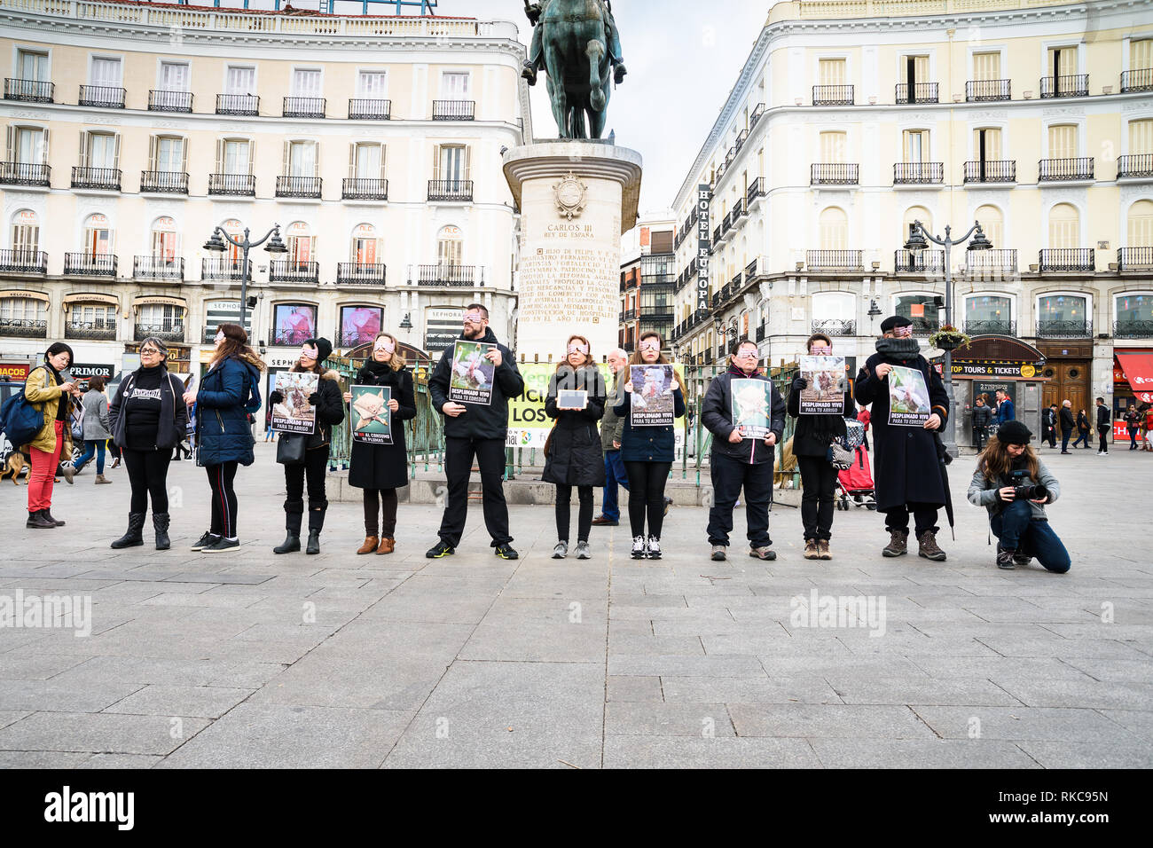 Madrid, Spagna. 10 feb 2019. Un gruppo di persone di 'Alma Amimal' foundation mostra immagini di uccelli che sono stati abusati. Protesta contro l uso di piume naturali sui cuscini. Credito: F. J. Carneros/Alamy Live News Foto Stock