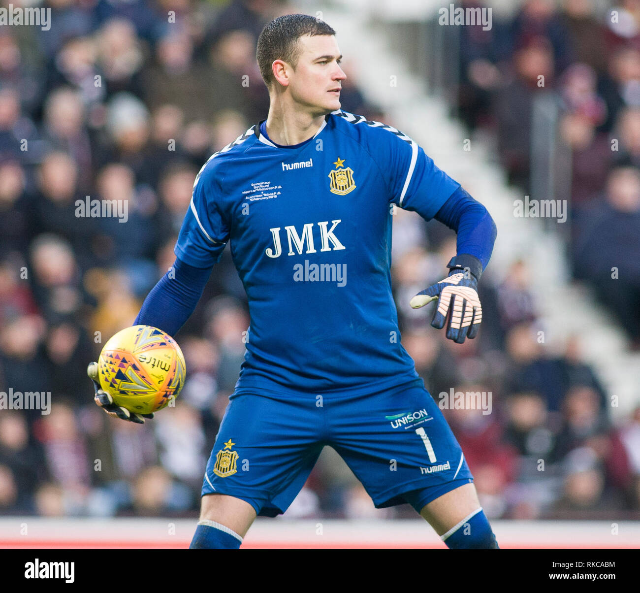 Tynecastle Park, Edimburgo, Scozia, Regno Unito. Il 10 febbraio 2019. Il calcio. Quinto round del William Hill Scottish Cup match tra i cuori e Auchinleck Talbot; Andrew Leishman di Auchinleck Talbot Credito: Scottish Borders Media/Alamy Live News Foto Stock