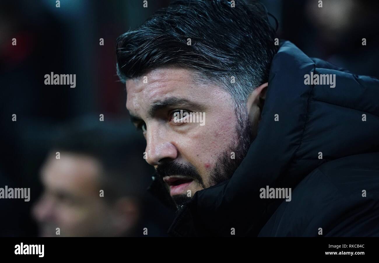 Milano, Italia. 10 feb 2019. Milano, Italia. 10 feb 2019.ESCLUSIVA Milano Foto Spada/LaPresse 10 febbraio 2019 Milano ( Italia ) sport calcio Milan vs Cagliari - Campionato di calcio di Serie A TIM 2018/2019 - Stadio San Siro nella foto: Gennaro Gattuso esclusivo a Milano Foto Spada/LaPresse , 10 febbraio 2019 Milano ( Italia ) sport soccer Milan vs Cagliari - Italian Football Championship League A TIM 2018/2019 - San Siro in pic: Gennaro Gattuso Credito: LaPresse/Alamy Live News Foto Stock