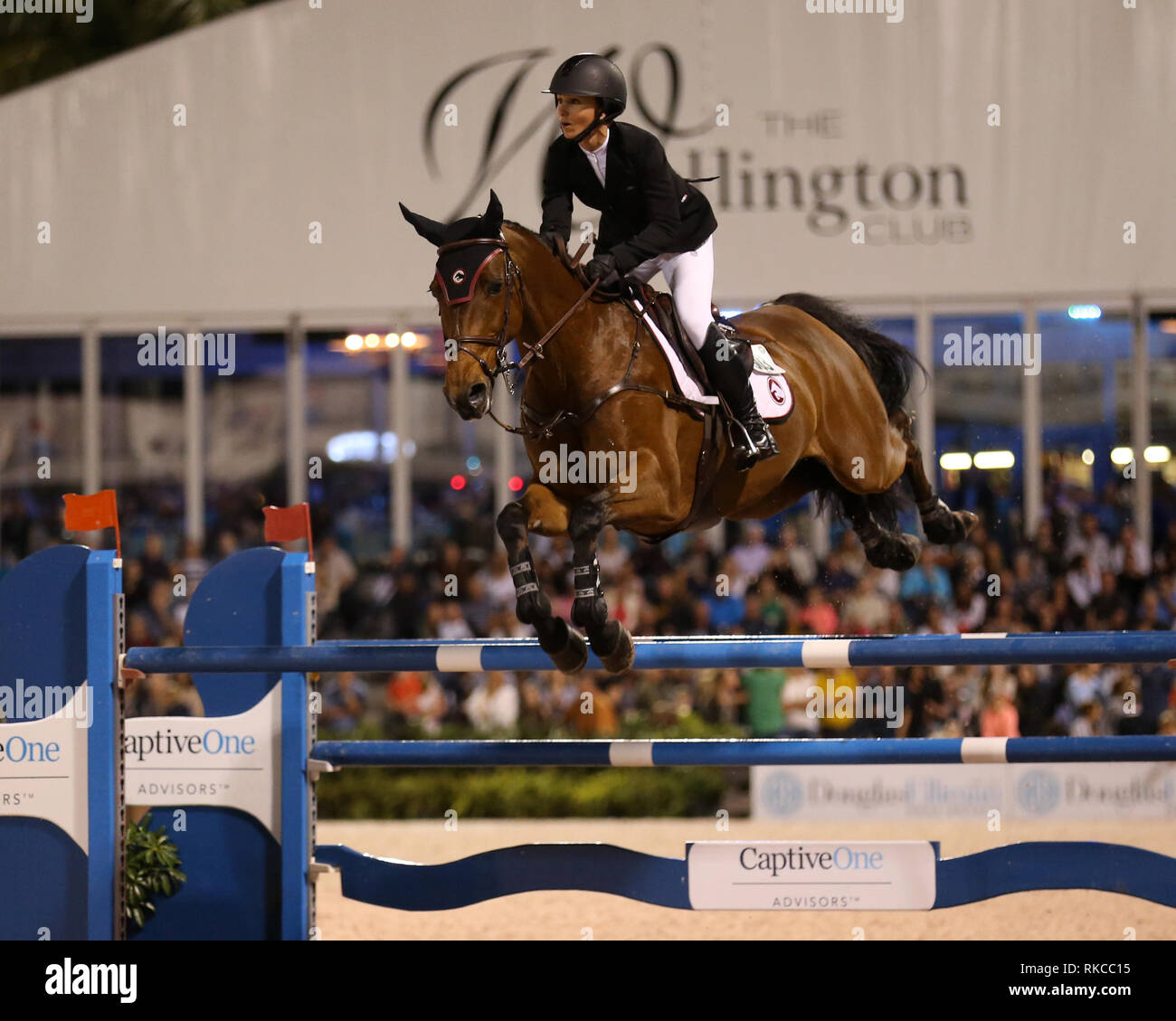 WELLINGTION, FL - 09 febbraio: sabato notte luci: Georgina Bloomberg partecipa nella classe 101 - FEI CSI5* $391,000 Fidelity Investments Grand Prix dove il vincitore è stato Martin Fuchs (Svizzera) il secondo posto è stato Kent Farrington (USA) e il terzo è stato Conor Swail (IRE). Il Winter Festival equestre (WEF) è il più grande e il più lungo in esecuzione hunter/ponticello evento equestre del mondo tenutosi presso il Palm Beach International centro equestre. Georgina Leigh Bloomberg è il proprietario del team equestre New York impero; un professionista; equestre e filantropo. È la figlia di Susan Brown un Foto Stock