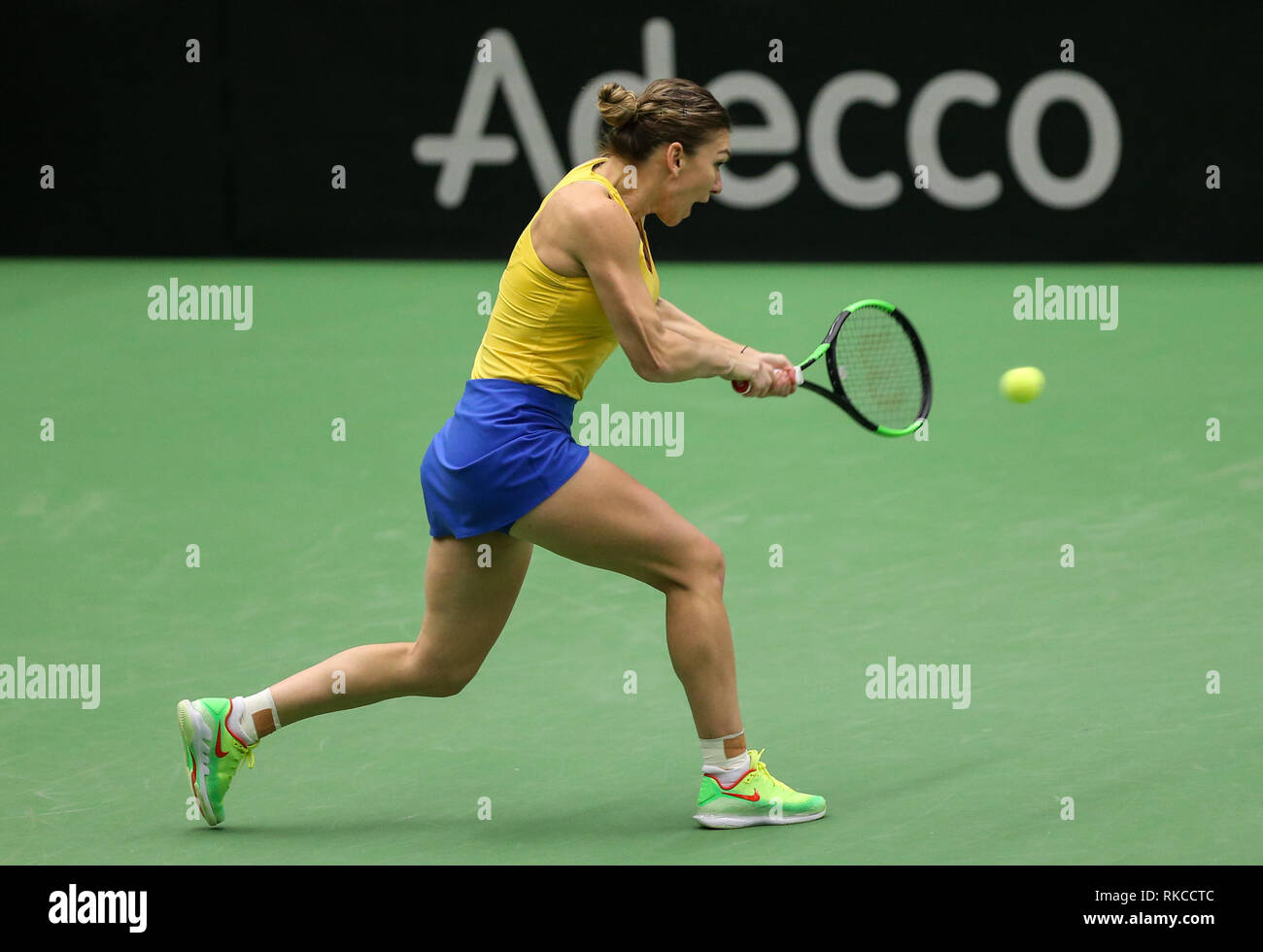 Ostrava, Repubblica Ceca. 10 Febbraio, 2019. Il rumeno tennista Simona Halep in azione durante la partita contro il Karolina Pliskova della Repubblica ceca durante la Fed Cup World Group, 1° round, tra Repubblica ceca e la Romania, in Ostrava, Repubblica Ceca, il 10 febbraio 2019. Credito: Vladimir Prycek/CTK foto/Alamy Live News Foto Stock