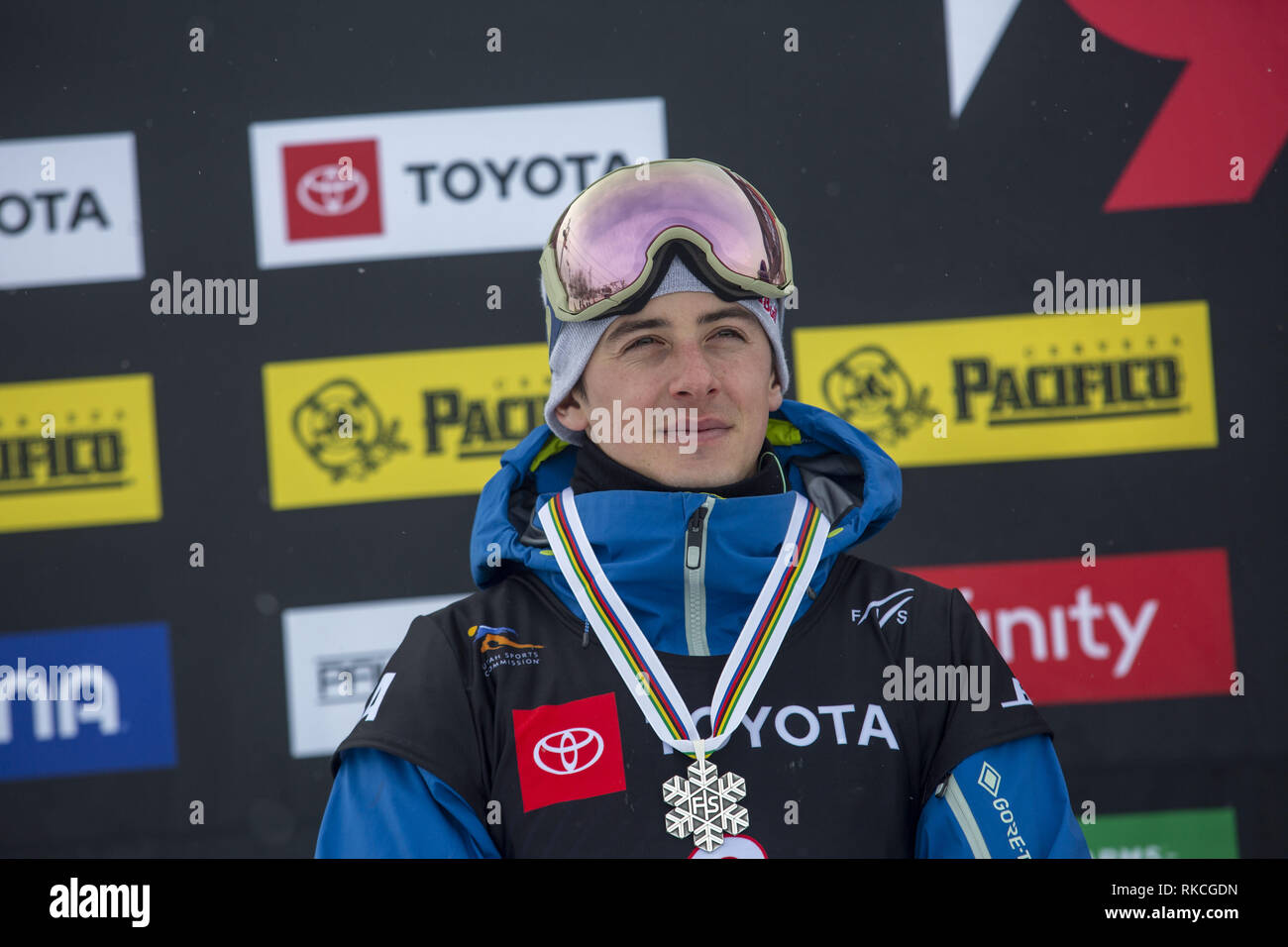 Park City, Utah, Stati Uniti d'America. 10 Febbraio, 2019. Mark McMorris del Canada dopo la vittoria di argento nel maschile di Snowboard Slopestyle al 2019 Snowboard FIS World Championships di Park City, Utah. Credito: Natalie Behring/ZUMA filo/Alamy Live News Foto Stock