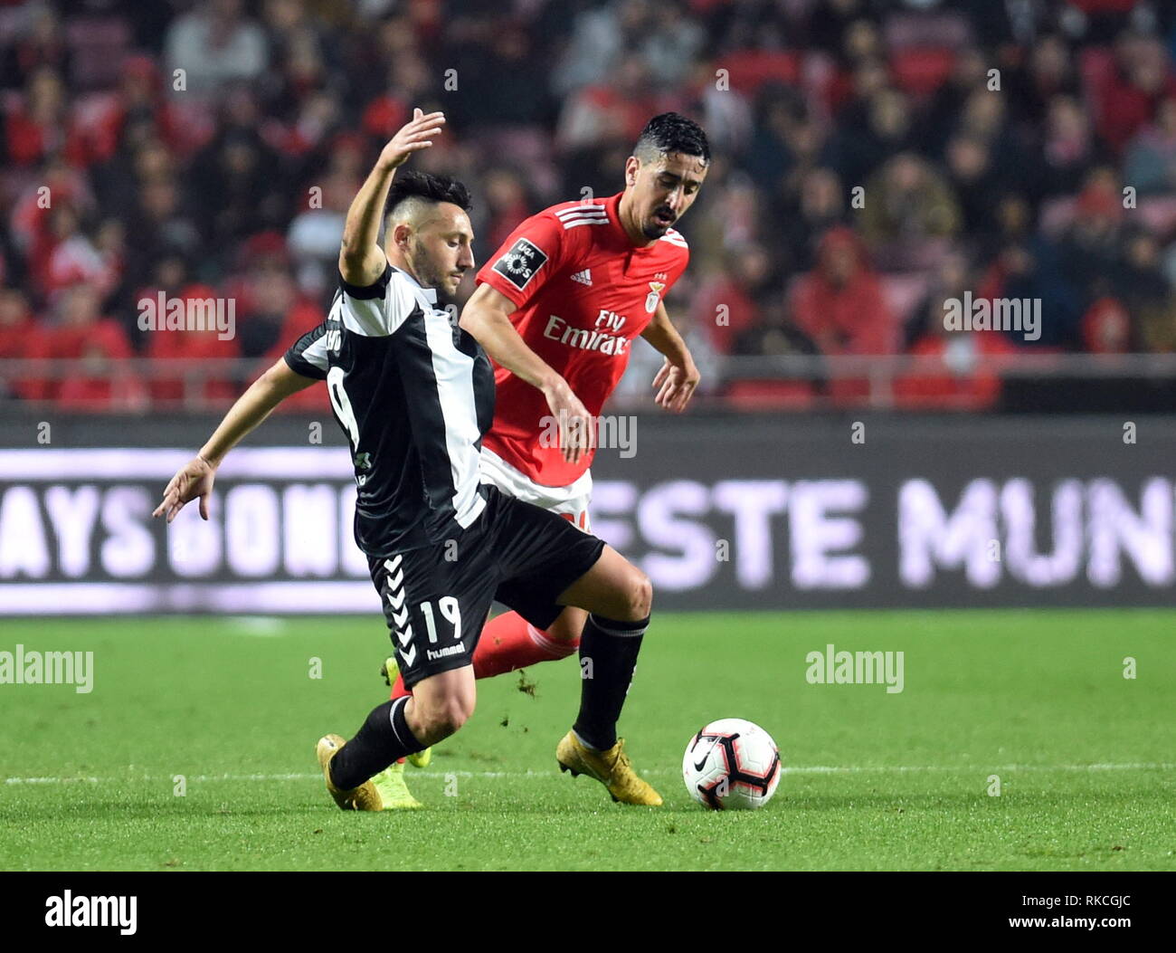 Lisbona, Portogallo. 10 Febbraio, 2019. Andre Almeida (R) di Benfica vies con Joao Camacho del Nacional durante il portoghese League Soccer match tra SL Benfica e CD Nacional a Luz stadium a Lisbona, Portogallo, nel febbraio 10, 2019. Il Benfica vince 10-0. Credito: Zhang Liyun/Xinhua/Alamy Live News Foto Stock