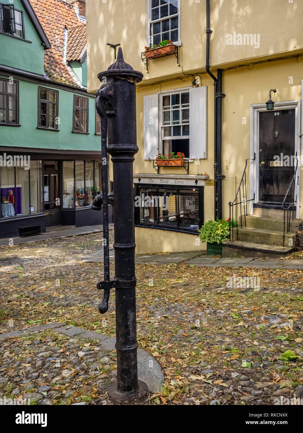 NORWICH, NORFOLK, Regno Unito - 13 GIUGNO 2018: Pompa dell'acqua in piccolo Vicino a Elm Hill, una corsia ciottolata nel centro della città Foto Stock