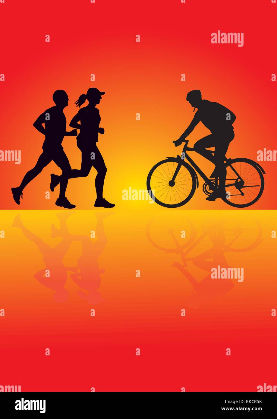 Silhouette di un ciclista e l'esecuzione di persone Uomini e donna jogging su sfondo colorato Illustrazione Vettoriale