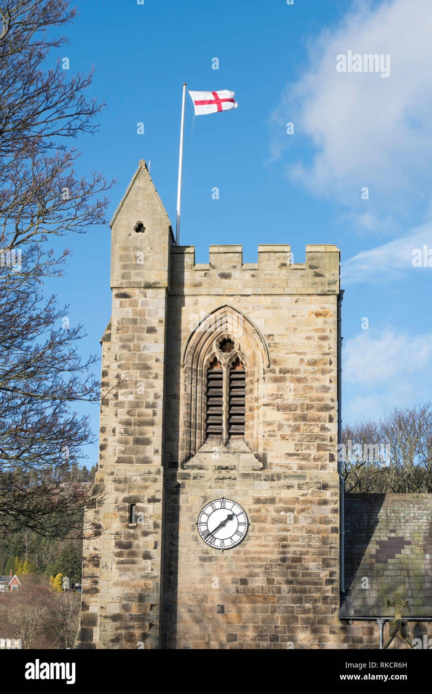 Chiesa di tutti i Santi torre in Rothbury, Northumberland, England, Regno Unito Foto Stock