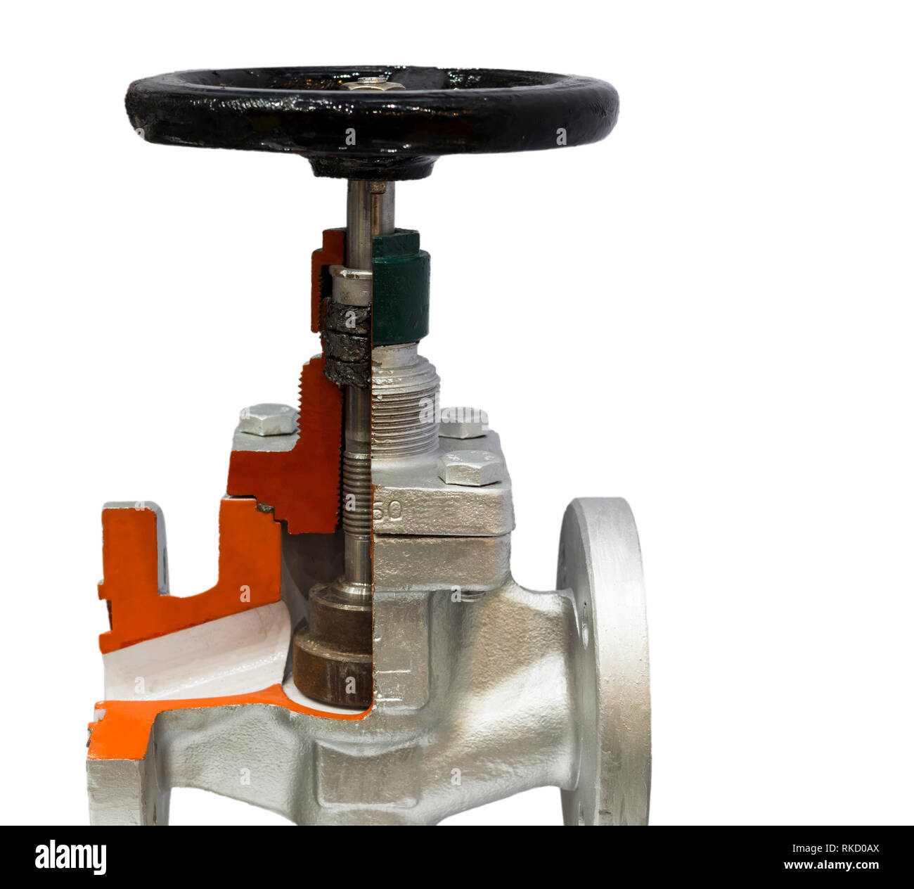 La valvola industriale ; per controllare il sistema di tubazioni ; isolare lo sfondo bianco ; percorso di clipping ; sezione trasversale Foto Stock