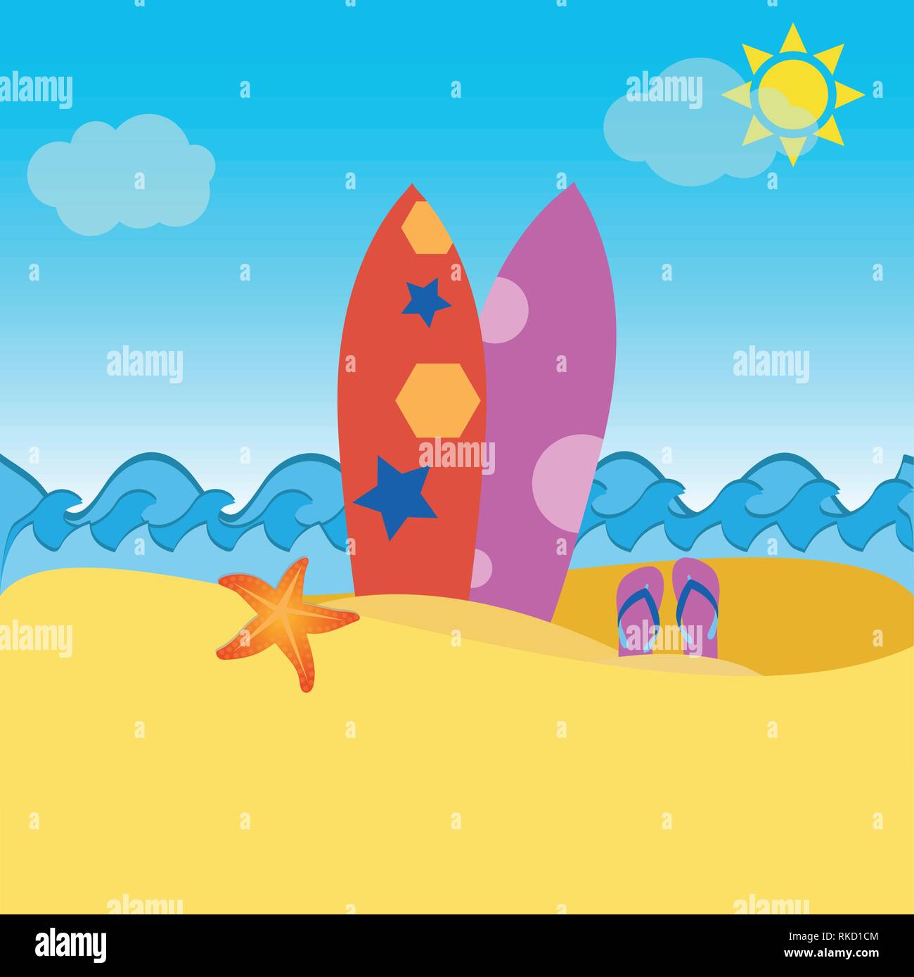 Tavole da surf nella sabbia, flip-flop e stelle marine, concetto di vacanza Illustrazione Vettoriale