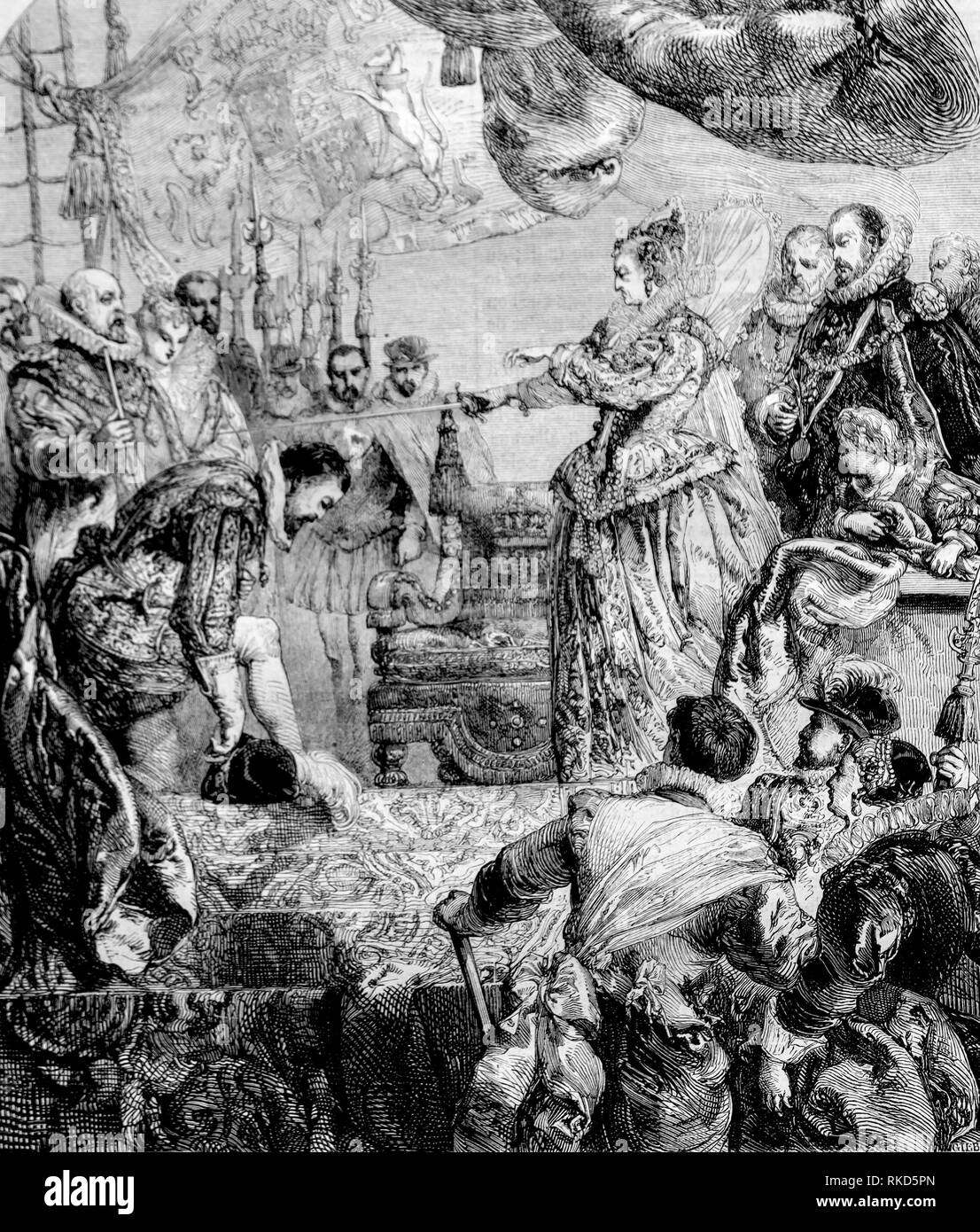 Queen Elisabeth award Francis Drake un Cavalierato:. Sir Francis Drake (c. 1540 - 28 gennaio 1596) era un inglese un capitano di mare, slave trader, e Foto Stock