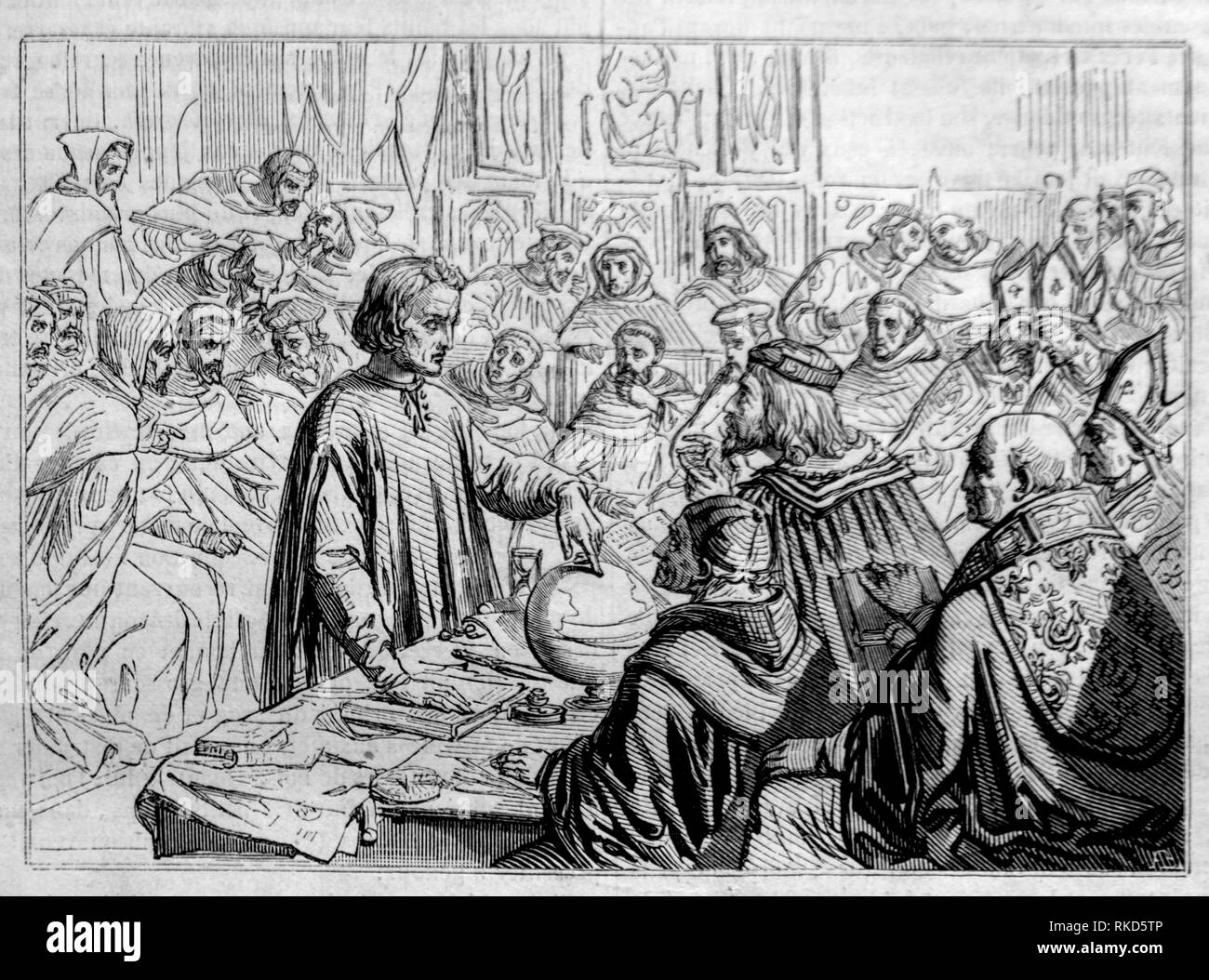 Cristoforo Colombo di fronte al Consiglio di Salamanca. (Disegno di M.Colin, 1843) Foto Stock