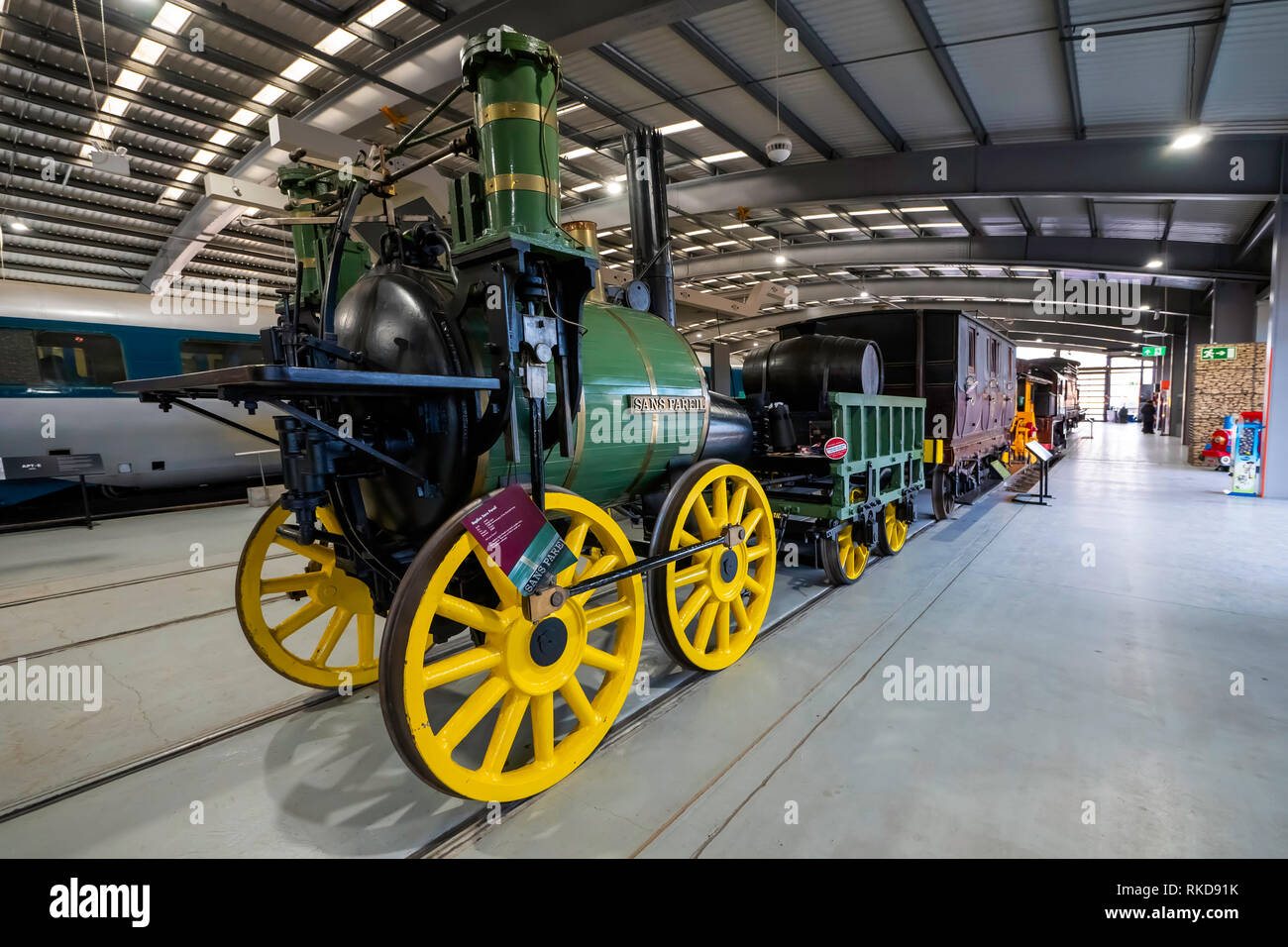 "Sans Pareil" locomotiva a vapore costruita da Timothy Hackworth nel 1829, questa replica è stata costruita nel 1980 per il centocinquantesimo anniversario della Rainhill trials Foto Stock