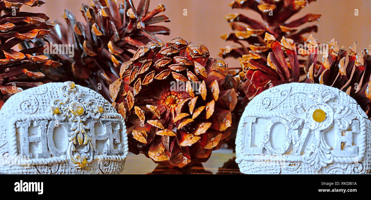 Close-up di diverse pigne nelle quali con due pietre artigianali che hanno simboli su di essi e le parole di speranza e di amore. Foto Stock