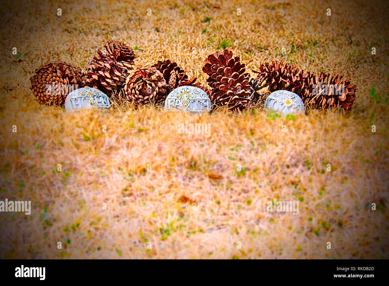 Close-up di diverse pigne nelle quali sul terreno con tre pietre artigianali che hanno simboli su di essi e le parole di speranza, di fede e di amore. Foto Stock