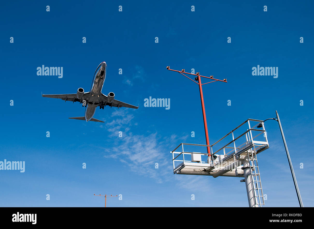 Piano di getto lo sbarco su luci di avvicinamento Foto Stock