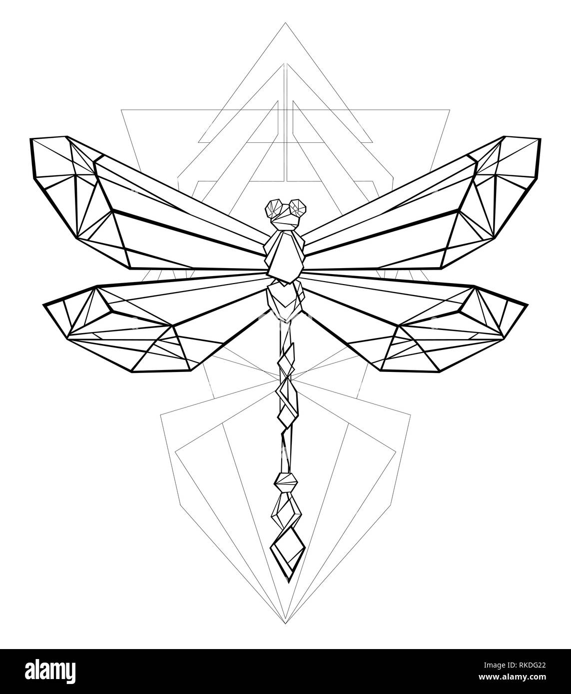 Artisticamente dipinte, nero, contorno, dragonfly poligonale con disegno geometrico su sfondo bianco. Grafica poligonale. Lo stile di tatuaggio. Illustrazione Vettoriale