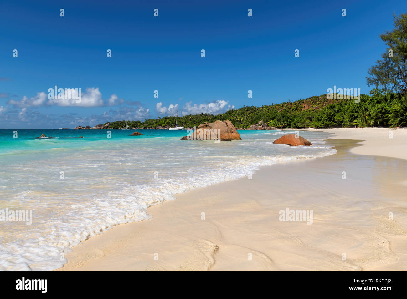 Exotic Anse Lazio Beach sull'isola di Praslin, Seychelles. Foto Stock