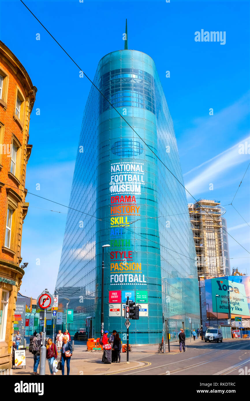 Manchester, Regno Unito - 18 Maggio 2018: Il Museo Nazionale del calcio è la più grande del mondo e il miglior museo di calcio, originariamente basato in Deepdale, Preston, Lan Foto Stock