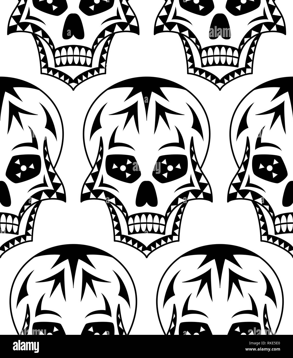 Vector seamless pattern di zucchero nero cranio con doodle motivo floreale su sfondo bianco. Pagina di colorazione libro messicano per il Giorno dei Morti Illustrazione Vettoriale