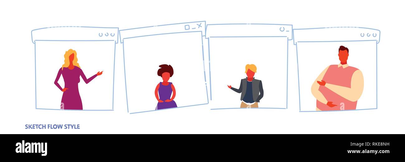 Impostare diverse persone familiari casual uomini donne i personaggi dei cartoni animati ritratto online pagina web browser internet windows schizzo orizzontale stile di flusso Illustrazione Vettoriale