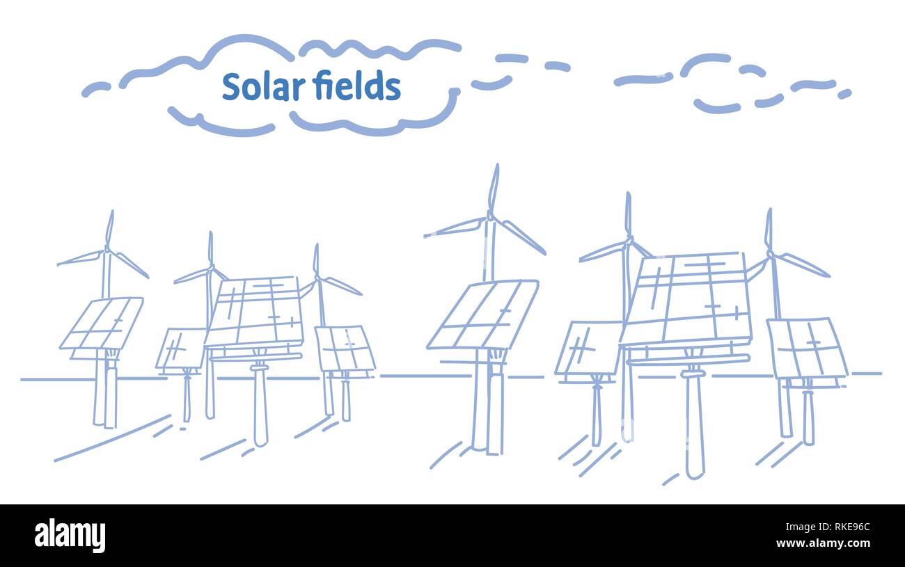 Turbina eolica Energia solare pannello campi stazione rinnovabile alternativa fonte di elettricità concetto distretto fotovoltaico schizzo flusso orizzontale di stile Illustrazione Vettoriale