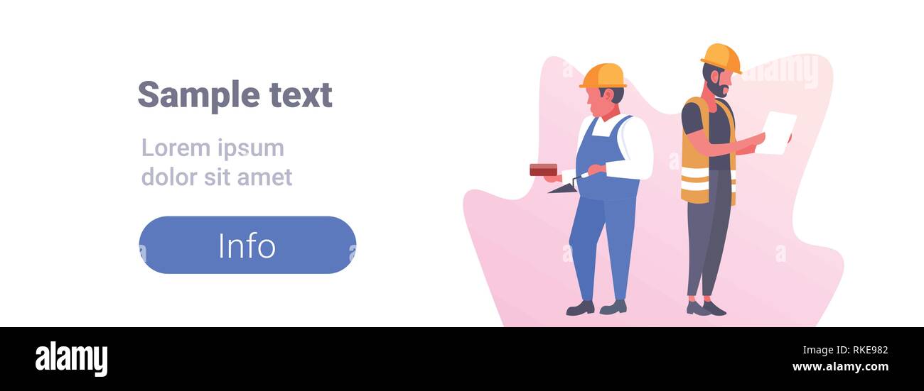 Lavoratori edili giovane tecnici industriali uomini costruttori maschio di personaggi dei cartoni animati per tutta la lunghezza orizzontale dello spazio di copia Illustrazione Vettoriale