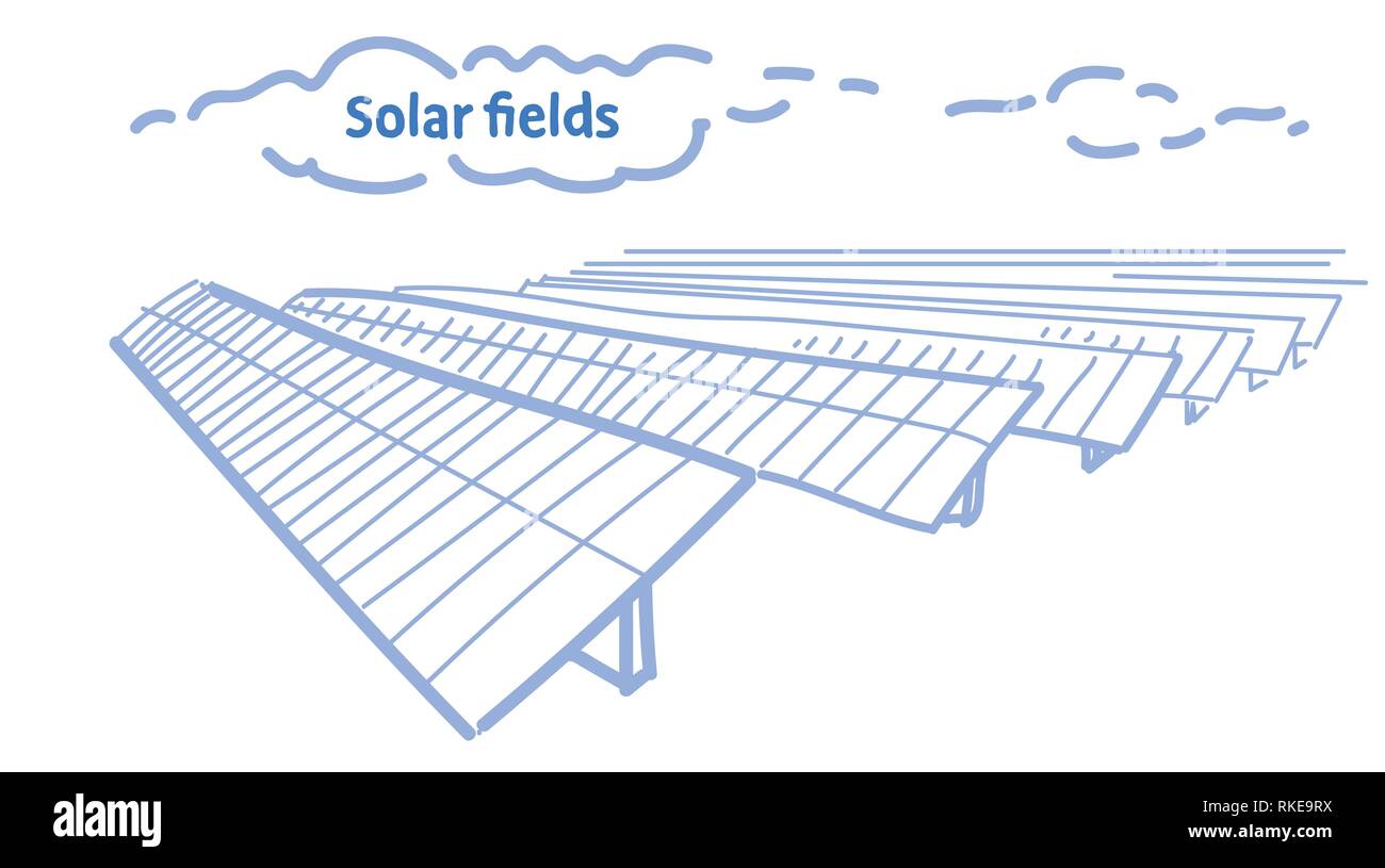 Energia solare pannello campi stazione rinnovabile alternativa fonte di elettricità concetto distretto fotovoltaico schizzo flusso orizzontale di stile Illustrazione Vettoriale